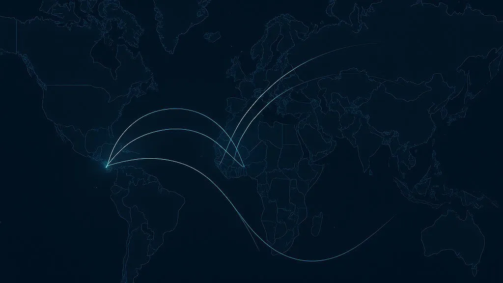 Carte du monde sombre traversée d’arcs de liaison lumineux
