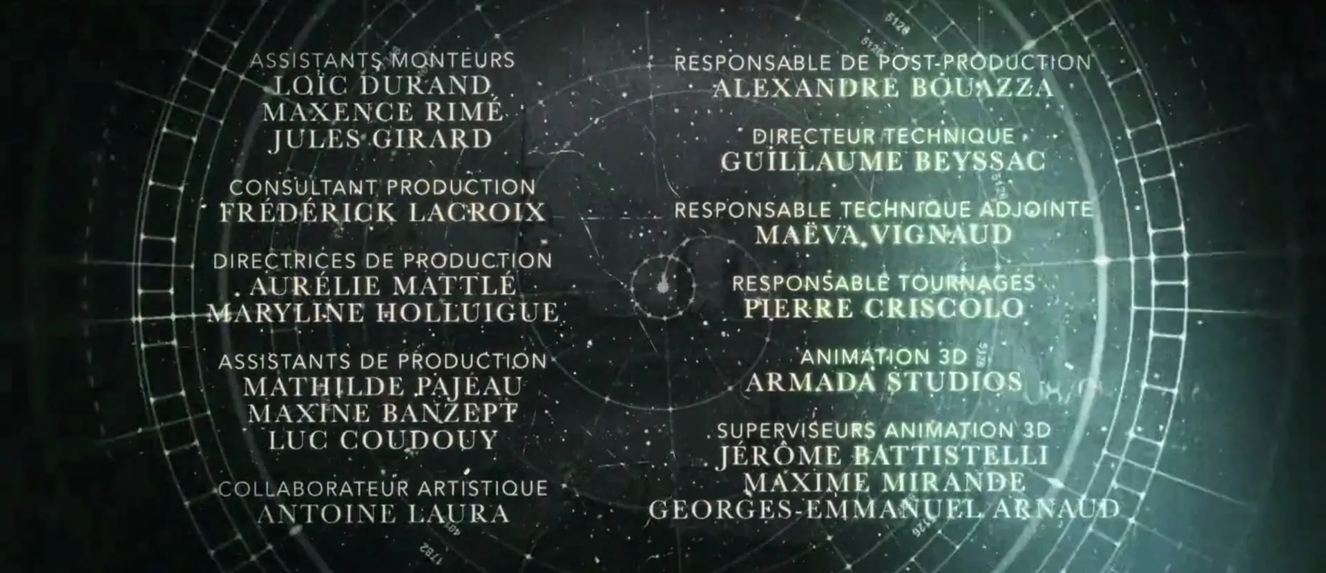 Générique de fin du documentaire : « Animation 3D — Armada Studios », puis « Superviseurs animation 3D — Jérôme Battistelli, Maxime Mirande, Georges-Emmanuel Arnaud »