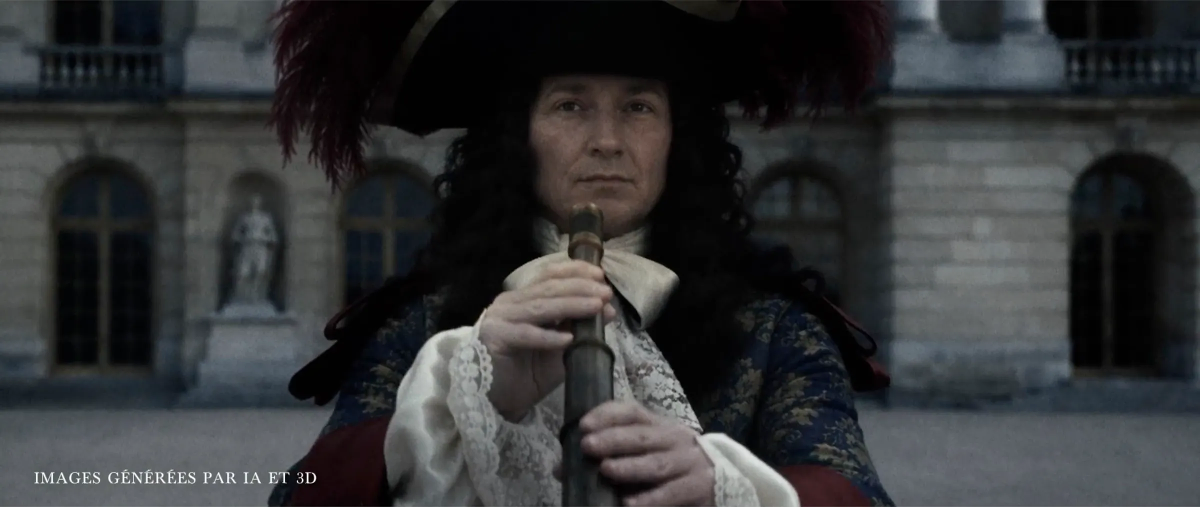 Reconstitution d’un personnage du XVIIe siècle en tenue de cour, chapeau à plumes, tenant une longue-vue devant une façade de palais ; en bas de l’image, la mention « Images générées par IA et 3D »