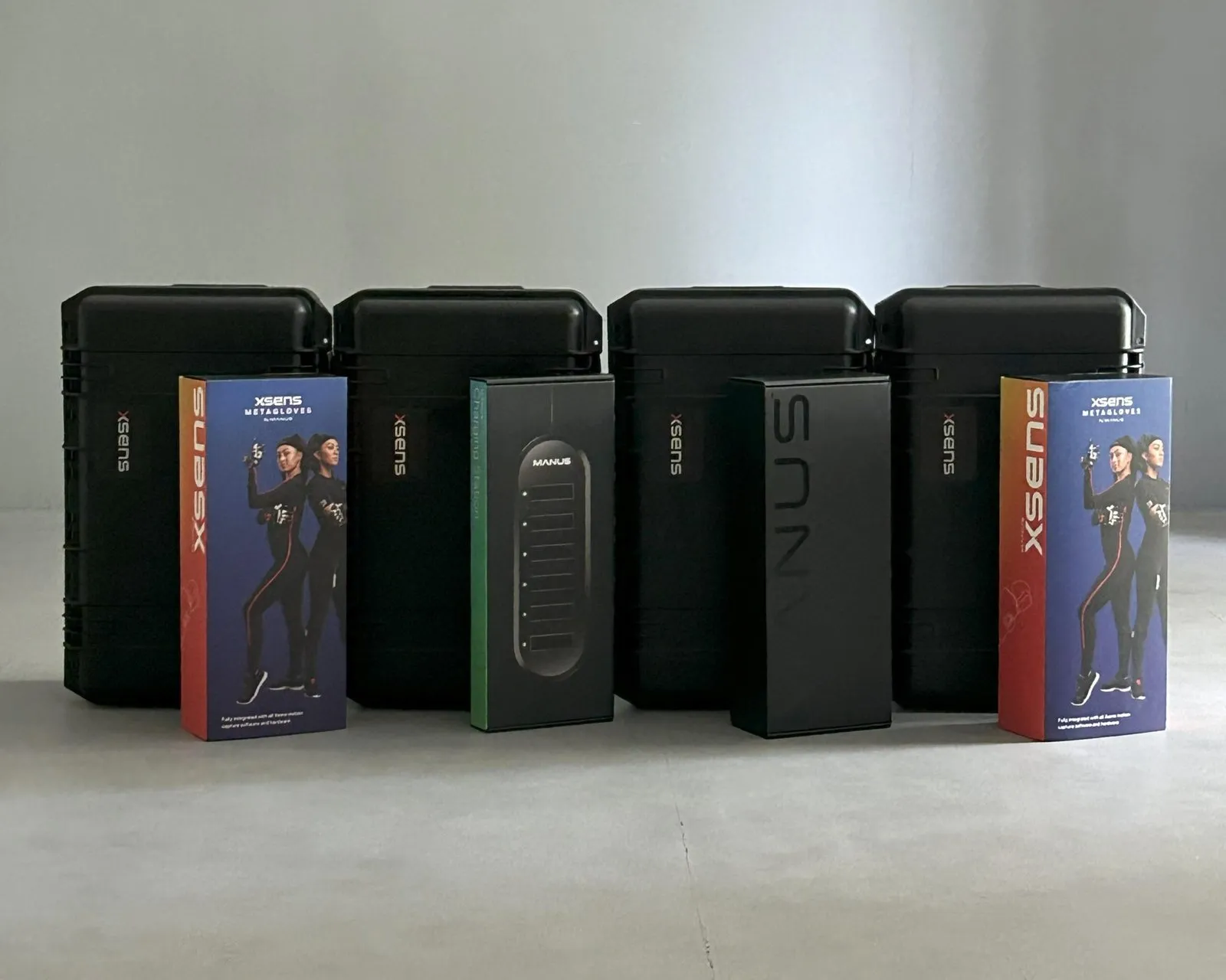 Xsens equipment transport cases lined up in the studio